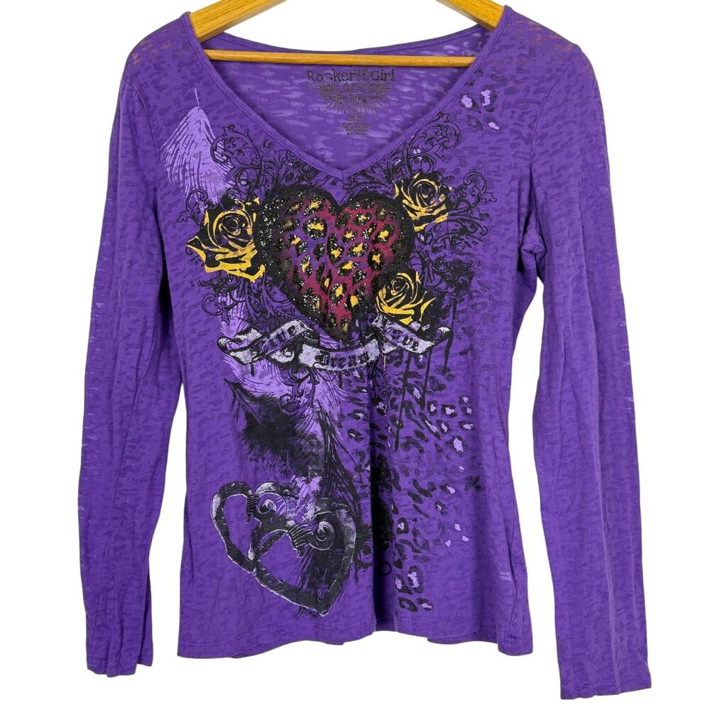 Rocker Girl Glitter Heart Roses Tee XL Jrs Purple Burnout V-Neck Long-Sleeve